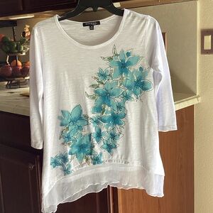 Ava & Grace White Long Sleeve with Blue Floral Design
